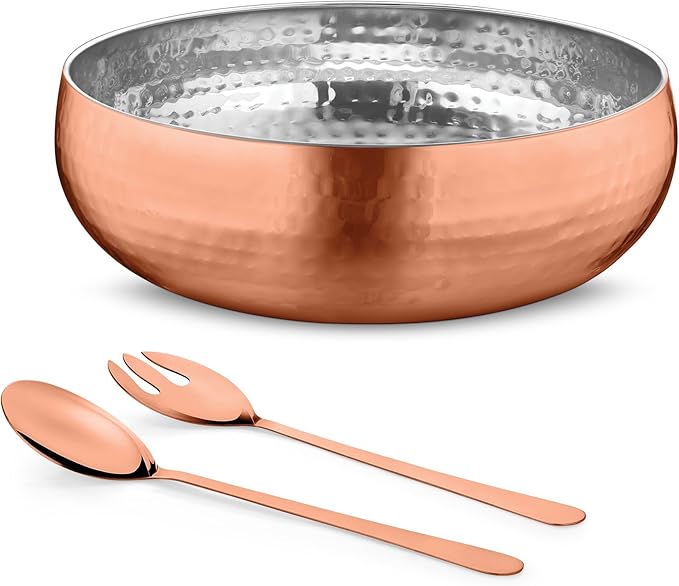 Avador® Set of 3 Premium Stainless Steel Salad Mixing Bowl Hammered Finish | Handmade | Includes Salad Serving Utensils (Rose Gold)