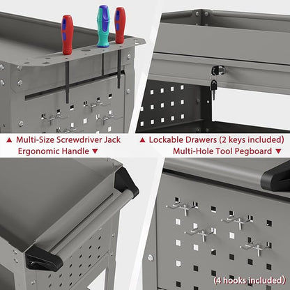 3 Tier Rolling Tool Cart on Wheels, Heavy Duty Industrial Utility Cart Service Cart with Drawer and Screwdriver Rack Pegboard, 550 LBS Mobile Tool Storage Organizer for Workshop, Garage(Gray)