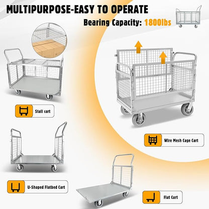 Platform Truck Cart with Cage, 6 in1 Foldable Flatbed Cart Heavy Duty Push Cart Dolly W/Swivel Wheels 1800lbs Capacity Multipurpose Hand Cart for Grocery/Laundry/Stall/Storage