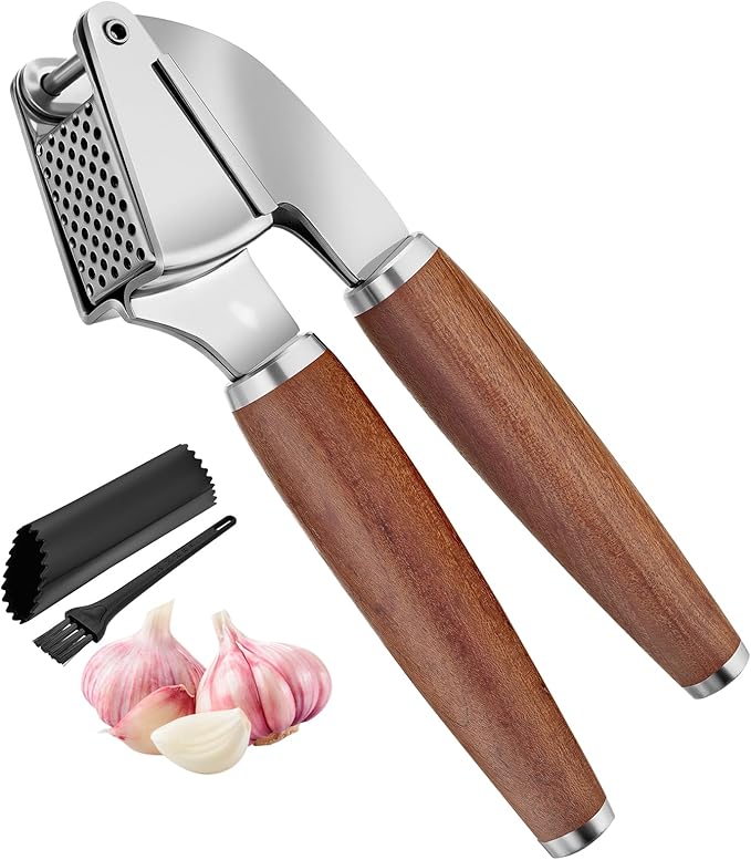 KULUNER Professional Garlic Press,Durable Garlic Clove Peeler Set That Requires No Peeling Garlic Mincer Presses Fine Garlic Paste,Upgraded Solid Wood Handle for a Comfortable Grip