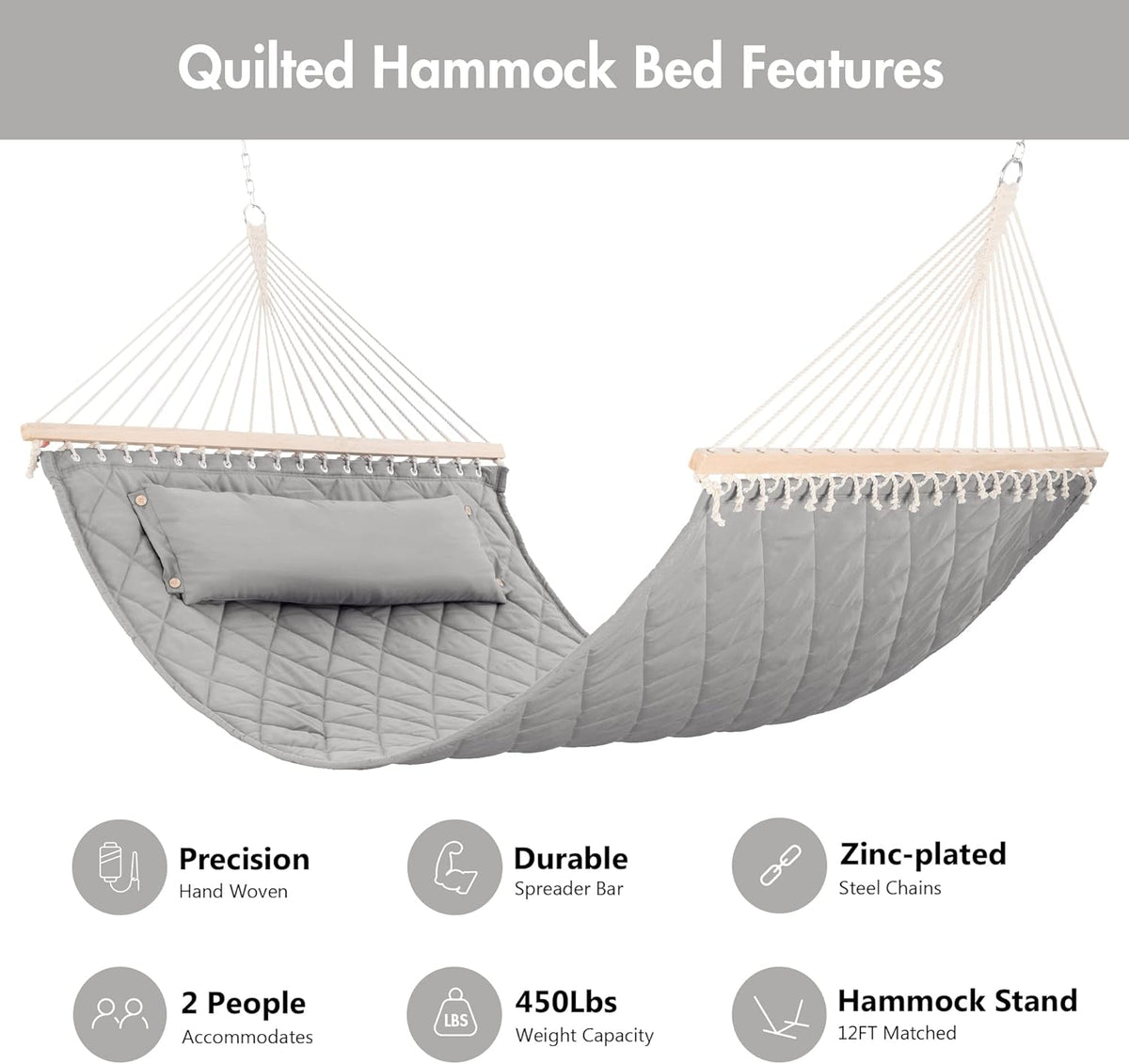ANOW Heavy Duty Hammock with Spreader Bars and Detachable Pillow, 2 Person Hammock for Outdoors Indoors, 450 LBS Weight Capacity, Light Gray