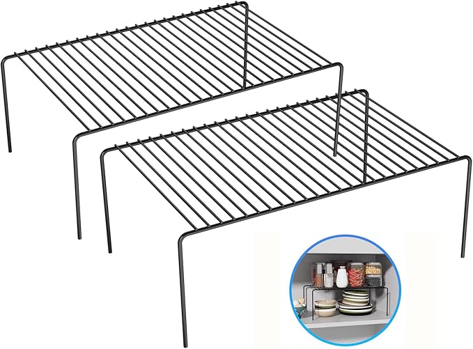 Large(15.7 x 9.4 inch)Black Cabinet Storage Shelf Rack Set of 2, Rustproof Metal Wire Kitchen Counter Organizers and Storage, Spice Organization for Cabinet, Plate, Dish, Pantry, Bathroom, Fridge