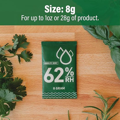 Humboldts Secret 62% Humidity Packs RH 2-Way | Moisture Absorber & Regulator for Small Containers | Relative Humidity Control Packets with Resealable Bag | 2 Way Humidity Control Packs | Pack of 10
