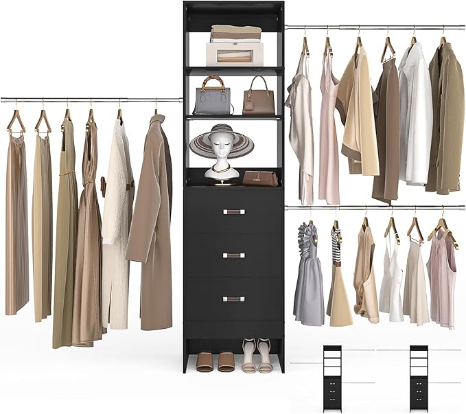 96'' Closet Organizer System with 3 Hanging Rods (Without 3 Storage Shelves), 8FT Closet Systems, Wall Mount Bedroom Wardrobe with 3 Wood Drawers, Adjustable Garment Rack from 5 to 8FT, Black
