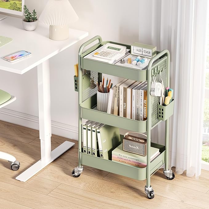 TOOLF 3 Tier Rolling Cart Storage Organizer, Metal Rolling Utility Cart with Wheels, Hooks & Bins Esthetician Craft Art Sturdy Storage with Pegboard for Bathroom, Kitchen, Office, Nursery Diaper