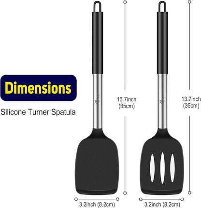 HOTEC Silicone Spatula Set of 2 Heat-Resistant 600°F & BPA-Free Kitchen SaptulaTurner with Stainless Steel Handles, Slotted & Solid Spatulas for Nonstick Cookware, 13.7 Inch, Black