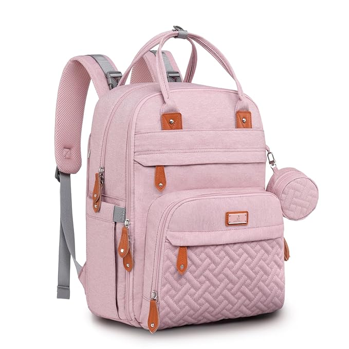 BabbleRoo Diaper Bag Backpack - Baby Essentials Travel Tote - Multi function Water Resistant Diaper Bag, Travel Essentials Baby Bag with Changing Pad, Stroller Straps & Pacifier Case - Unisex, Pink