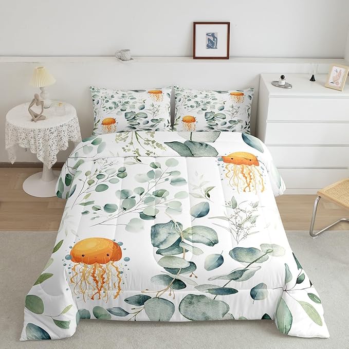 Erosebridal Kawaii Jellyfish King Comforter Set for Boys Girls Cartoon Animal Bedding Set King, Eucalyptus Leaves Bedding Comforter Sets Ocean Wildlife Duvet Set, Tropical Plants Quilted Comforter