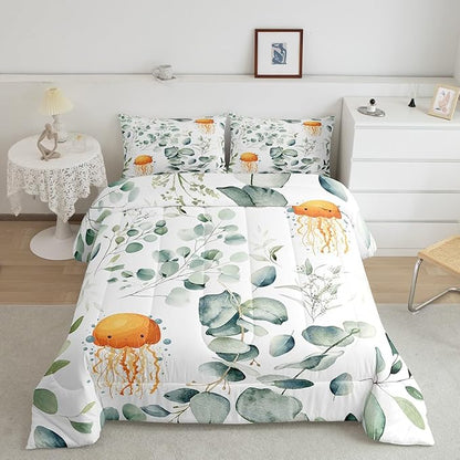 Erosebridal Kawaii Jellyfish King Comforter Set for Boys Girls Cartoon Animal Bedding Set King, Eucalyptus Leaves Bedding Comforter Sets Ocean Wildlife Duvet Set, Tropical Plants Quilted Comforter