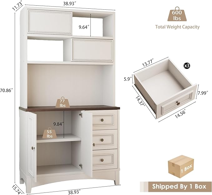 71" Antique White Pantry Cabinet with Charging Station, 4-Type Storage & Anti-Tip Design, Farmhouse Kitchen Cabinet with Adjustable Shelves