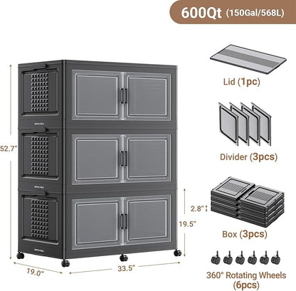 BROVIEW 52.7"H 150Gal Plastic Storage Bins with Lid & Wheels,3Pack Extra Large Stackable Storage Bins with Dividers,Closet Organizers and Storage Cabinet Collapsible Box Shelves for Home Kitchen,Black