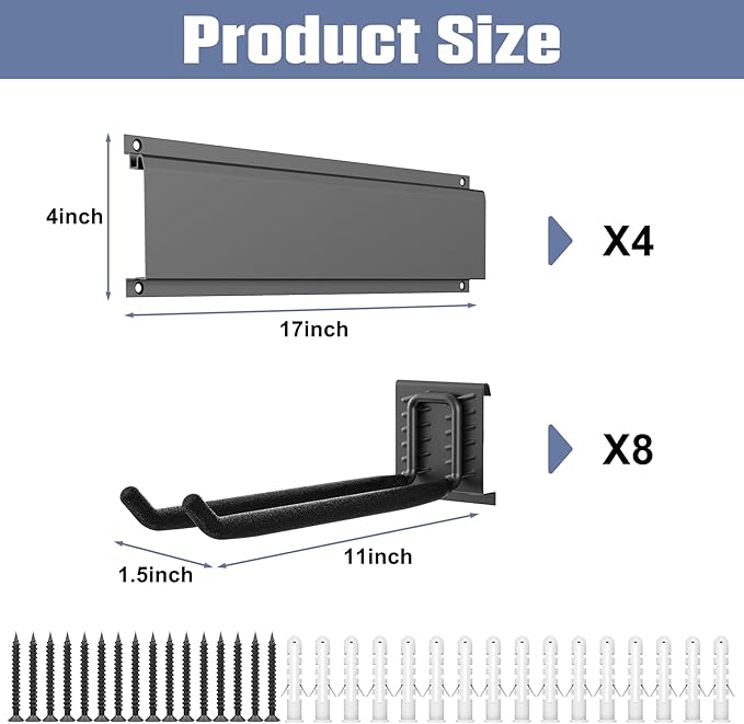 WALMANN Wall Mounted Garden Tool Organizer for Garage, Heavy Duty Folding Chair Storage Rack, 11-Inch Tools Storage Hooks for Shovels, Rakes, Ladders, Hold Up to 400 lbs