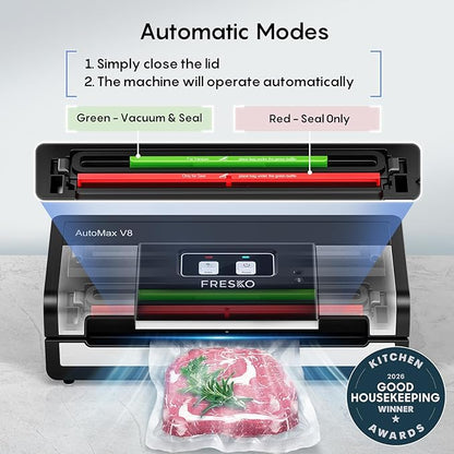 Fully Automatic Vacuum Sealer, 95Kpa Powerful Food Vacuum Sealer Machine, Auto Dry-Wet Detection | Bag Cutter | 2 Rolls Bags & 100 Pcs Precut Bags | Effortless Operation, Silver - Black