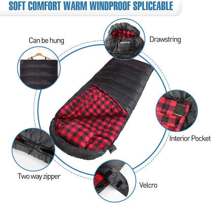 0 Degree Sleeping Bag Cotton Flannel Winter Cold Weather for Adults XXL Sleeping Bag 4 Season Big and Tall with Pillow Compression Sack