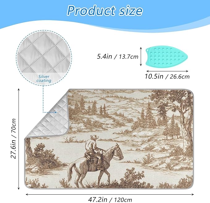 Ironing Mat Portable Ironing Pad Ironing Blanket for Table Top Heat Resistance Double-Side Using Travel Large 47.2 x 27.6 Inch Foldable Lightweight Cowboy Riding Horse Mountain Brown