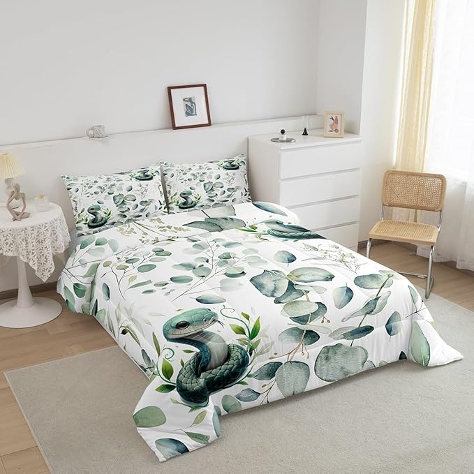 Erosebridal Cute Snake Toddler Bedding Sets for Kids Child Green Eucalyptus Comforter Set, Wild Animal Bedding Comforter Sets Botanical Plant Leaves Duvet Insert, Cartoon Wildlife Down Comforter