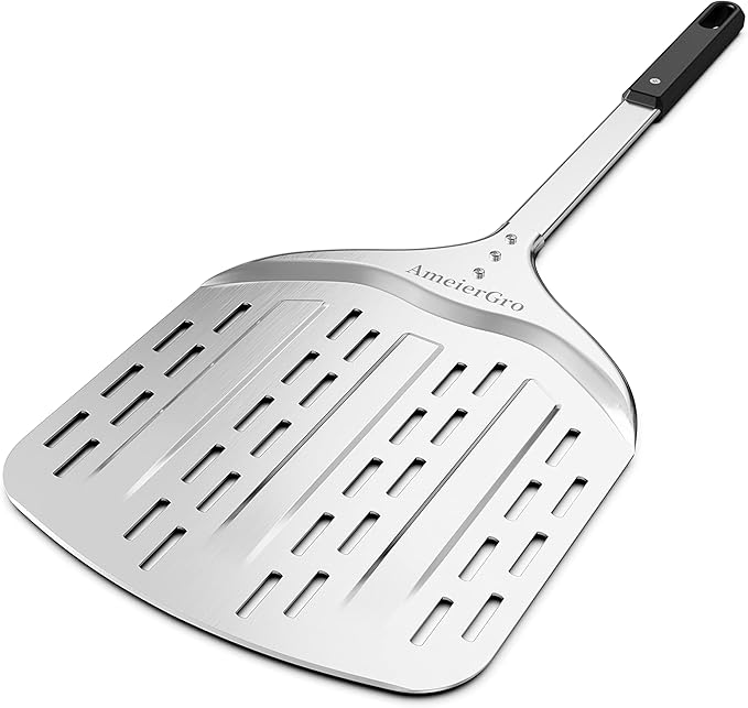 12" Perforated Pizza Peel, Long Handle(31") Anodised Aluminum Pizza Spatula Paddle, Pizza Oven Accessories for Pizza Stone/Grill