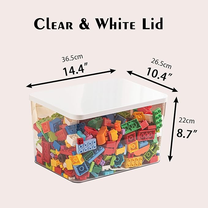 Clear plastic storage bins with LIDS-3packs,storage containers for snacks, cosmetics, books, dog food, Storage Organizer for Nursery，Kitchen, Living room,Bedroom, Bathroom, Office (Clear-White Lid)