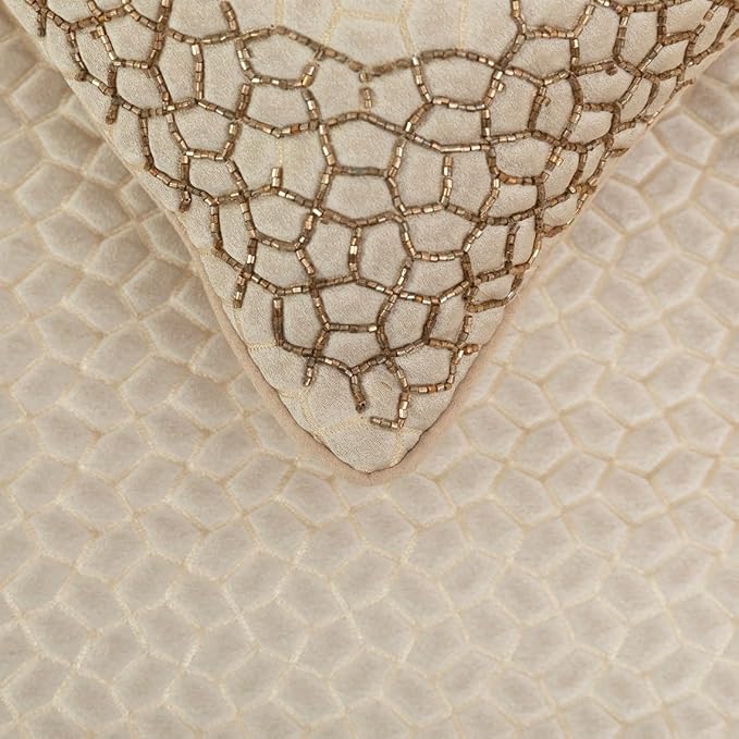 The HomeCentric King/Queen/Twin Ivory & Gold Designer CA King 86"x18" Bed Runner with 2 Pillow Cover, Mosaic & Beaded Bed Scarf on Jacquard Fabric - Tessellation