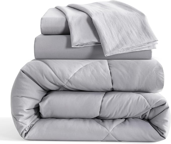 NTBAY Twin Comforter Set with Sheets, 5 Pieces Soft and Breathable Twin Bedding Set, Twin Bed in a Bag, Down Alternative Comforter Set Solid Color All Season, Kids Bedding Set, Light Grey