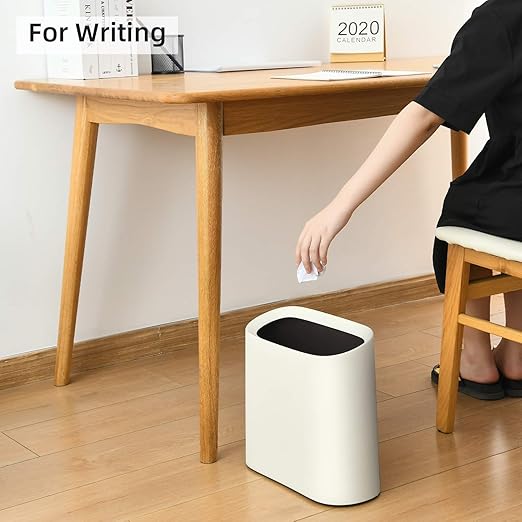 SUBEKYU 2.3 Gal Trash Can for Bathroom,Small Office Garbage Can for Kitchen,Slim Rectangular Waste Bin,Plastic,White