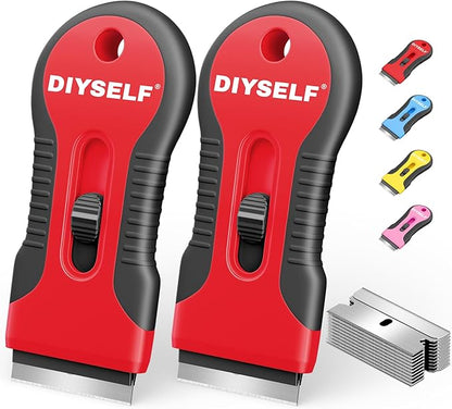 DIYSELF 2 Pack Razor Blade Scraper, Extra 10 PCS Mental Razor Blades Refills, High-Efficiency Razor Scraper, Razor Blade Scraper Tool for Cleaning, Durable Glass Scraper for Cooktop, Kitchen, Oven