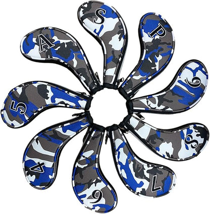 9pcs PU Leather Camouflage Blue Zipper Long Neck Design Golf Iron Headcovers Both Side Number Golf Iron Club Head Cover LH RH Covers #4-9,P,S,A
