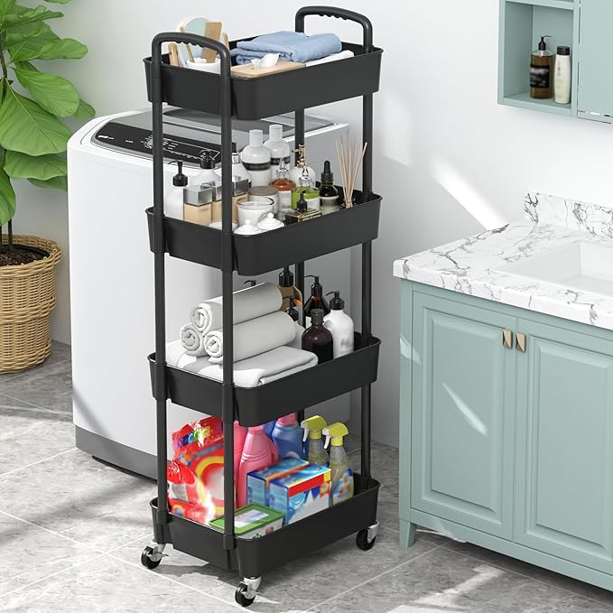 Sywhitta 4-Tier Plastic Rolling Utility Cart with Handle, Multi-Functional Storage Trolley for Office, Living Room, Kitchen, Movable Storage Organizer with Wheels, Black