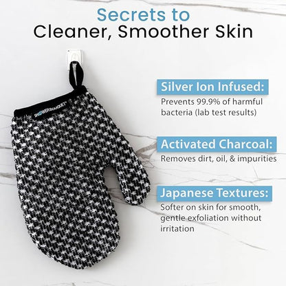 Japanese Exfoliating Mitt 2-Pack - Charcoal & Silver Ion Exfoliating Gloves for Shower - Soft Inner Fabric Gentle Exfoliation & Deep Cleansing Body Scrub Gloves for All Skin Types - 1 White, 1 Blue
