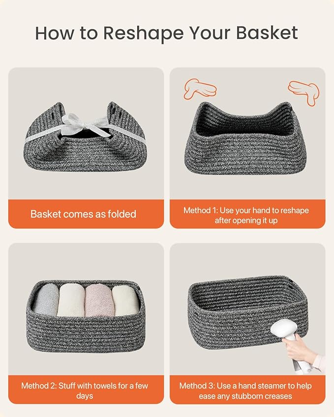 Small Woven Basket, 12 x 8 x 4.5 Inches, Storage Basket for Organizing, Cute Small Rope Shelf Closet Cube Storage Bins Baskets for Shelves, Dog Toy Gift Baskets Empty, 3 Pack Mixed Black