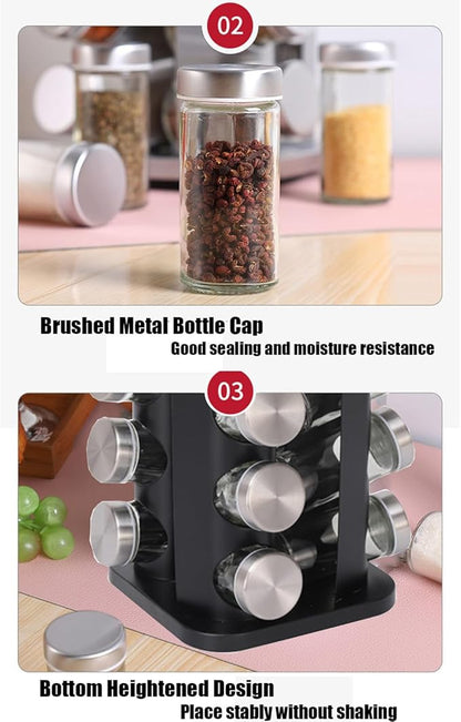 Spice Rack, Spice Rack Organizers for Countertop, Rotating Countertop Spice Rack, Revolving Spice Rack for Kitchen, Kitchen Gadgets, Organizer Rack with Spice Jars (Black, SquareHead_12Jars)
