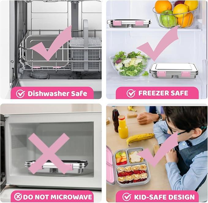 Stainless Steel Lunch Box 1000ml - 3 Compartment Bento Box for Kids & Adults, Leakproof Food Container, BPA-Free Metal Lunch Box with Silicone Seal, Eco-Friendly/Dishwasher Safe (Pink)