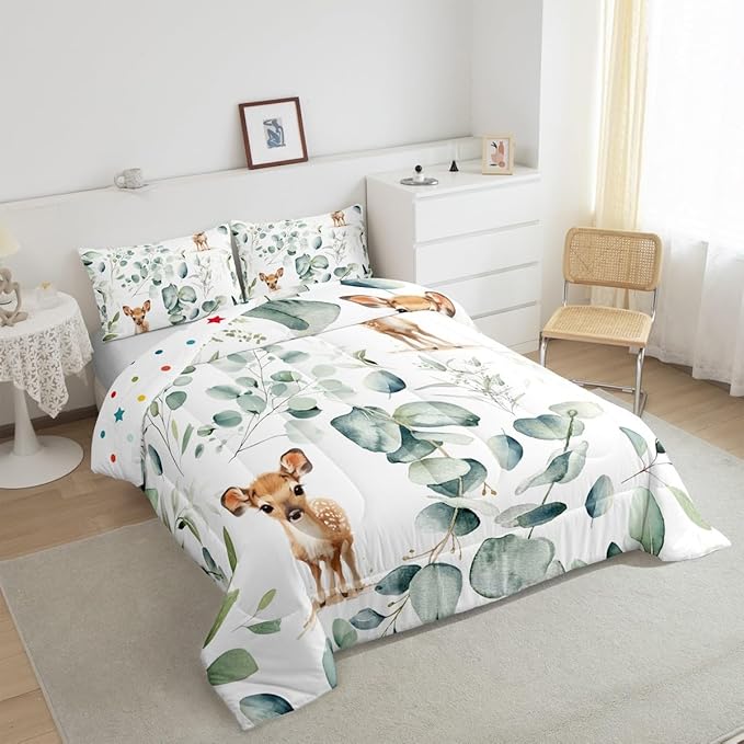 Erosebridal Cartoon Deer Twin Size Comforter Set Toddler Woodland Wildlife Bedding Set, Spring Plant Down Comforter Eucalyptus Leaf Bed Set, Jungle Animal Theme Quilted Duvet Kids Room Decor