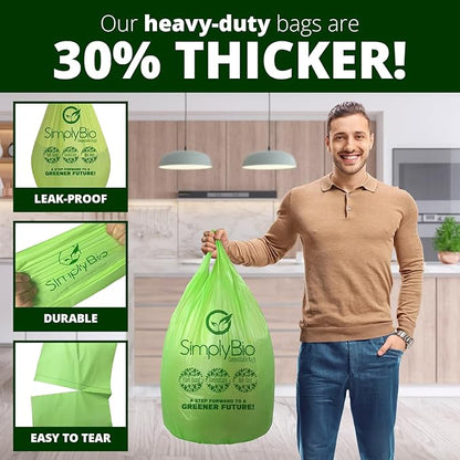 Simply Bio 13 Gallon Compostable Trash Bags Liners with Handle-Tie, Thick 0.87 Mil, 49.21 Liter, 30 Bags, Tall Kitchen Food Scrap Waste Bag, ASTM D6400, US BPI and OK Compost Home Certified