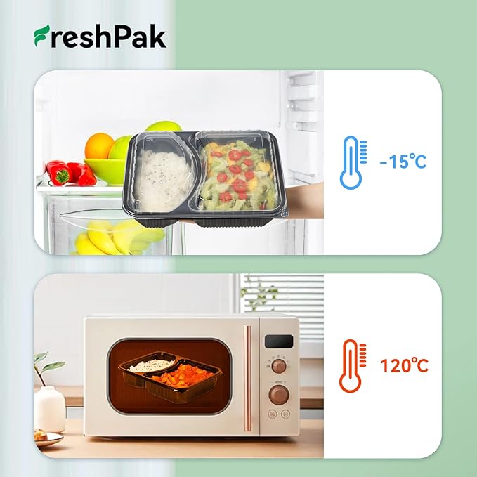 Takeout Containers Reusable 40 Pack 40oz - Shrink Wrap Leakproof | Portion Control Leftovers Plastic Container with Lid | BPA Free Freezer & Microwave Safe Meal Prep | 2 Compartment Lunch Box