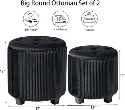 Big Round Ottoman with Storage Set of 2,Upholstered Velvet Vanity Stool for Makeup Multifunctional Foot Rest Coffee Table Padded Seat Tufted Ottomans for Living Room&Bedroom (Black)