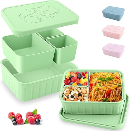 Bento Lunch Box for Kids-Reusable Silicone Kids Bento Box Lunch Container Leakproof Lunchbox Meal Prep Food Storage Containers with 3 Removable Compartments–Dishwasher Safe/BPA Free/Portion Control