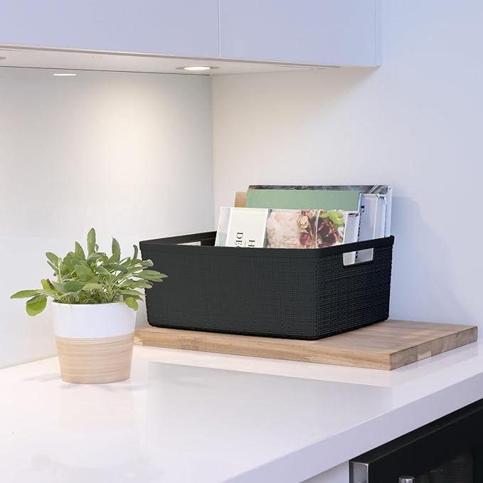 Curver Set of 6 Jute Medium Decorative Plastic Organization and Storage Baskets, Perfect Bins for Home Office, Closet Shelves, Kitchen Pantry and All Bedroom Essentials, Black