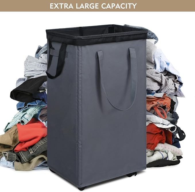 DOKEHOM 90L X-Large Laundry Basket with Removable Wash Bag on Wheels, Collapsible Rolling Laundry Hamper, Foldable Clothes Organizer, Folding Washing Bin (Grey)