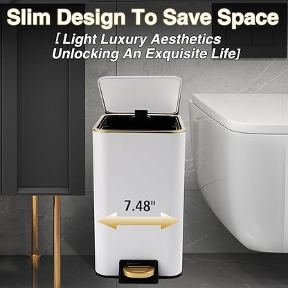 Small Bathroom Trash Can with Lid Soft Close, 1.8 Gallon Stainless Steel Garbage Can with Removable Inner Bucket,3PCS Soap Dispenser,75Count Trash Bag, Slim Step Pedal Trash Bins
