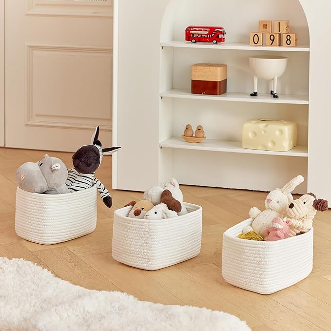 Small Cotton Rope Basket – Storage Bin for Organizing (10.6" x 6.7" x 6.7"), Bathroom Storage Basket for Shelf, Counter & Closet（White）