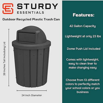 42 Gallon Slatted Circle 100% Recycled Plastic Commercial Outdoor and Indoor Trash Can with Push Open Dome Lid and Internal Liner | Great for Schools and Businesses - Black
