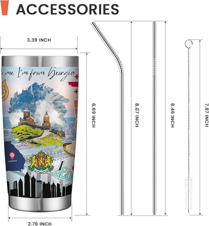 20oz Insulated Tumbler Georgia State Coffee Mug, United States Map Travel Mug Landmark, Birthday Gifts Cute Custom Tumbler Cups with Lid and Straw Mothers Day Gifts