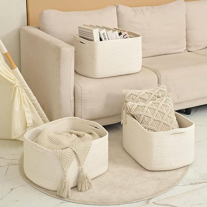 Large Storage Baskets for Organizing Shelves, Woven Cotton Rope Bins for Baby Nursery Organization, Book Toy Towel Organizer, 17"x13"x9.5", 3 Packs, Off White