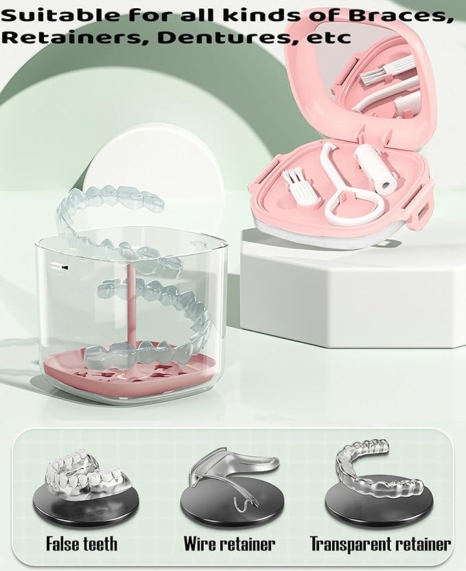 MURRI&MURRDI Retainer Case, Denture Bath Box with Strainer Basket, Mouth Guard Case, Braces Cleaner Cup, Cute Denture Holder Storage Soak Container for Travel Cleaning (A Pink)