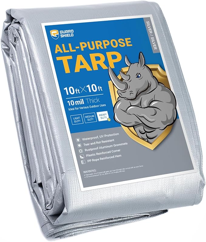 GUARD SHIELD Heavy Duty Tarp 10x10 Feet Silver Multi Purpose Thick Waterproof Poly Tarp Cover 10mil