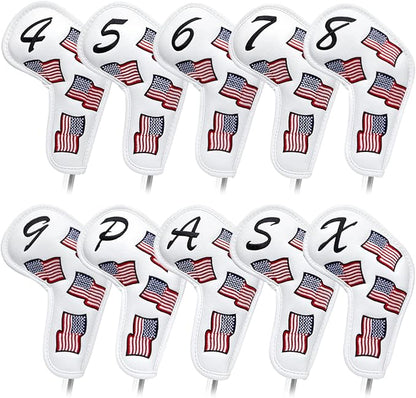 US Flag Golf Iron Covers Headcovers - 10pcs Patriotism Golf Club Covers for Irons - White Synthetic Leather Golf Iron Wedge Head Covers fits for PXG, Taylormade, Mizuno JPX MP, Etc.