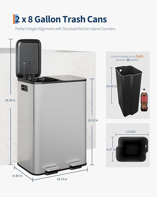 GarveeHome 2 x 8 gal Stainless Steel Double Trash Can with Lid for Kitchen, Large Dual Trash and Recycle Bin Combo, Step-on Kitchen Metal Garbage Cans, PP Inner Buckets, Liner Rim, Silver