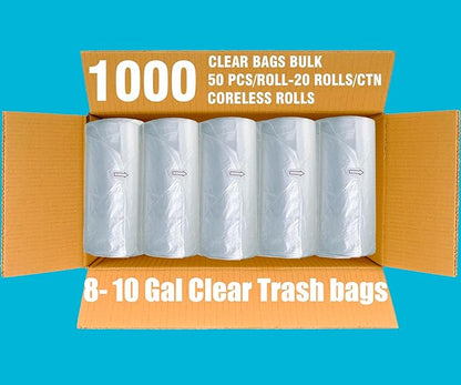 Trash Bags 8-10 Gallon, 1000 Count Bulk Value Pack, Clear Plastic Recycling Bags, Multi-purpose Garbage Bags Can Liners for Business Home Kitchen Commercial and Industrial