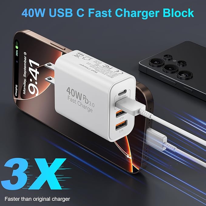 USB C Fast Charger Block, iPhone Charger Fast Charging Blocks 40W Multi Port Charger 4-Ports PD & QC Charging Cube Brick Power Adapter Type C Wall Chargers for iPhone 17/16/15/14/13/12 Pro Max, iPad
